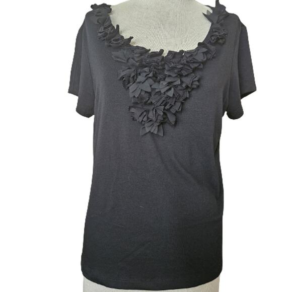 Black Ruffle Neck Short Sleeve Top Size Medium - Picture 1 of 4